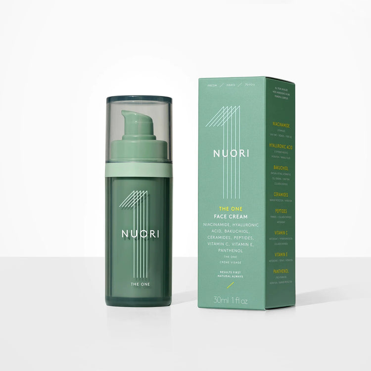 NUORI The One Face Cream 30ml pump bottle beside its green box