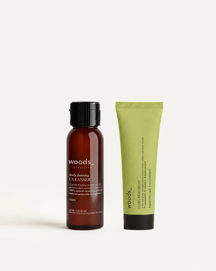 Woods Copenhagen Daily Foaming Cleanser and Ultra-Rich Cream travel duo